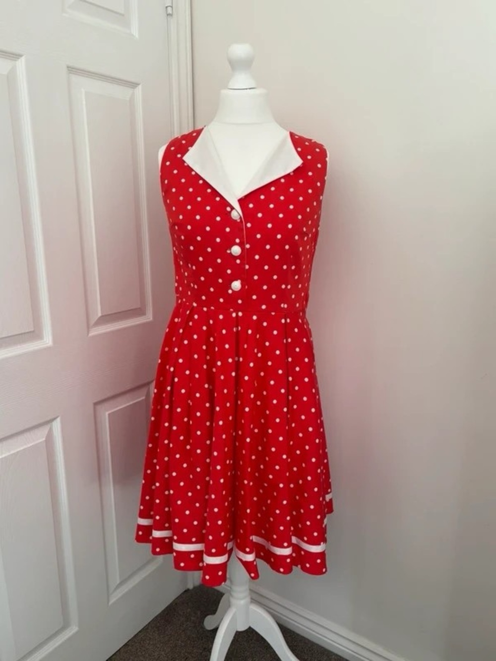 Sleeveless Red Polka Dot Maxi Dress with White Trim